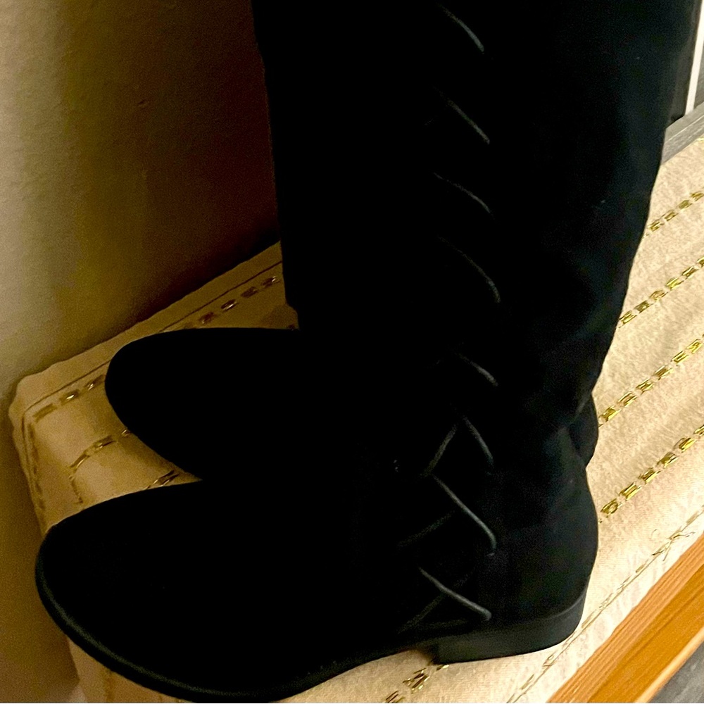 Black suede lace up knee boots, size 6.5.